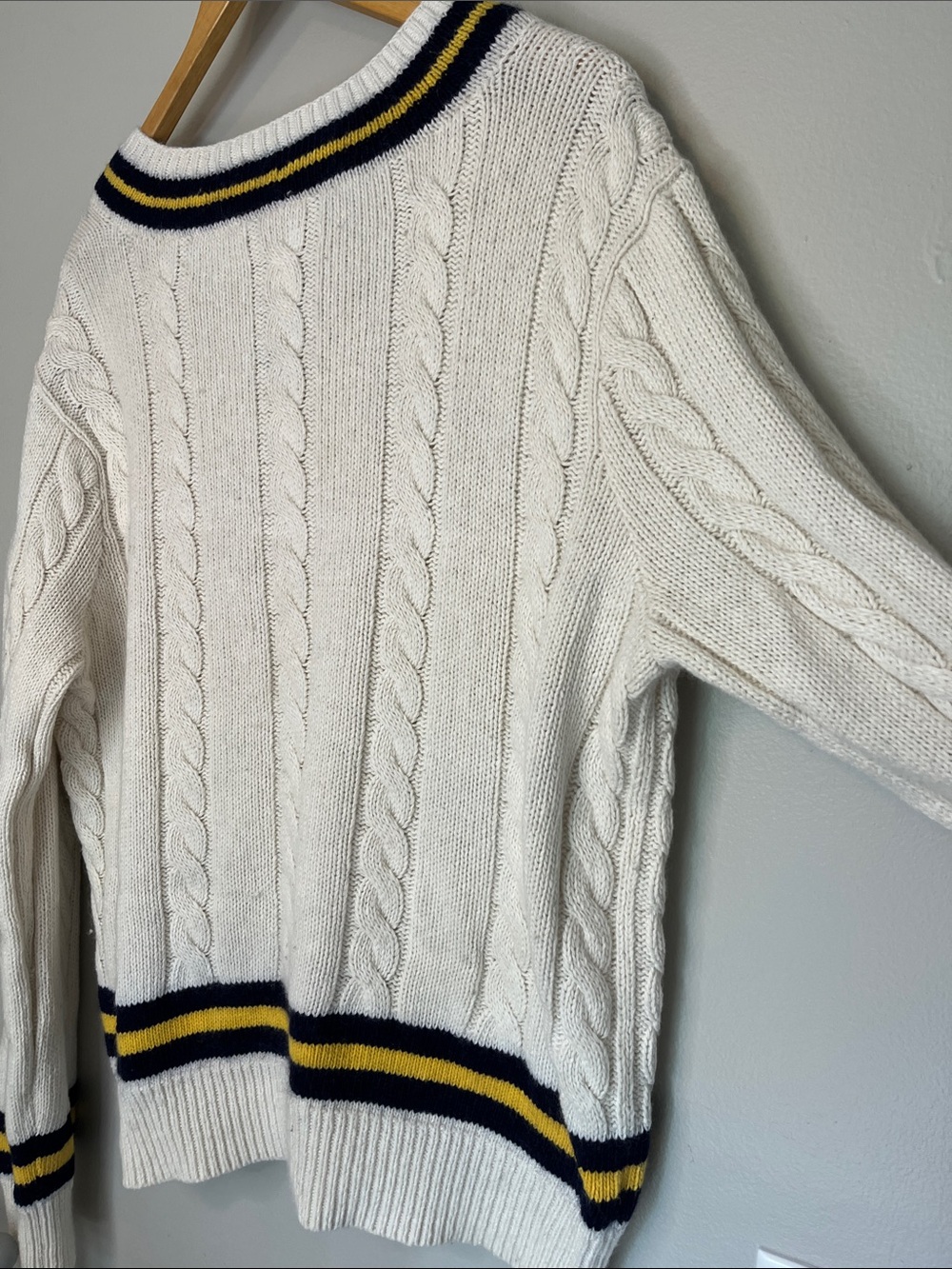 Polo by Ralph Lauren Cream Cricket Cable-Knit V-Neck Sweater with Navy & Yellow - Picture 9 of 17